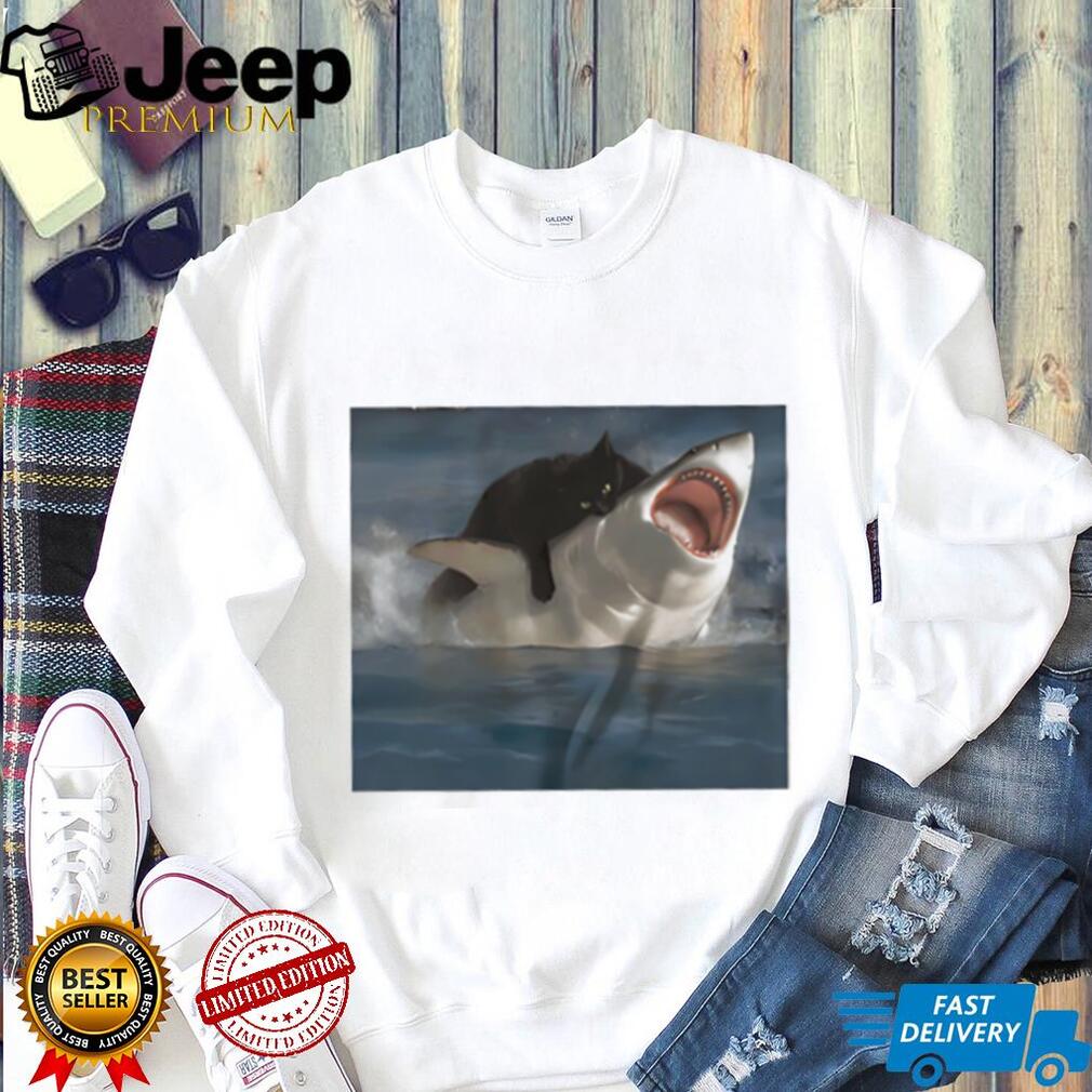 Black Cat Riding Great White Shark Funny Graphic T Shirt
