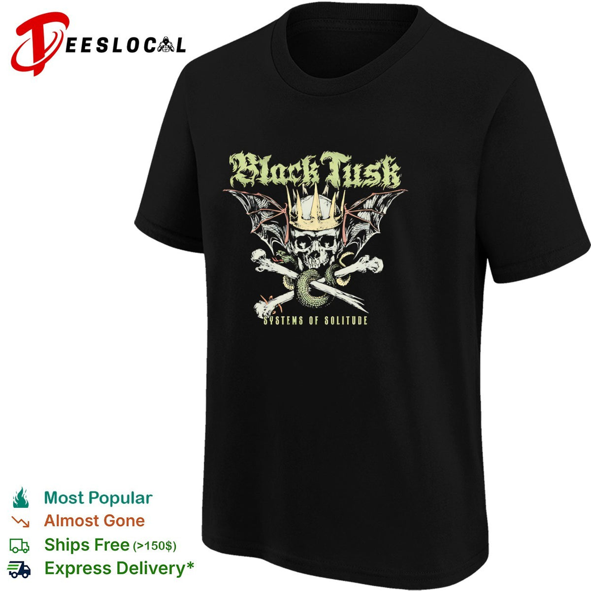 Black Tusk Systems of Solitude Crowned Skull Snake Wings Band Heavy Metal shirt