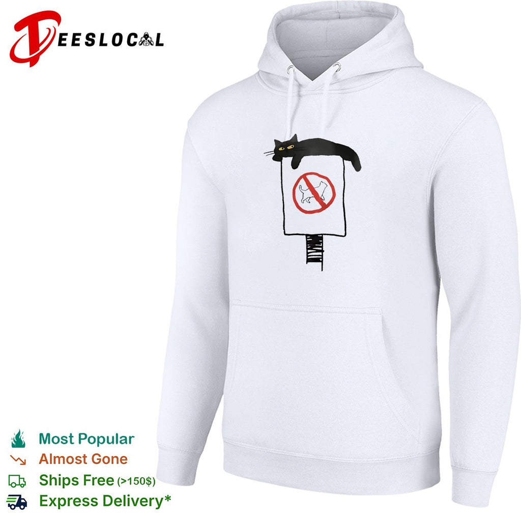 Black cat lounging on no cats allowed sign humor shirt