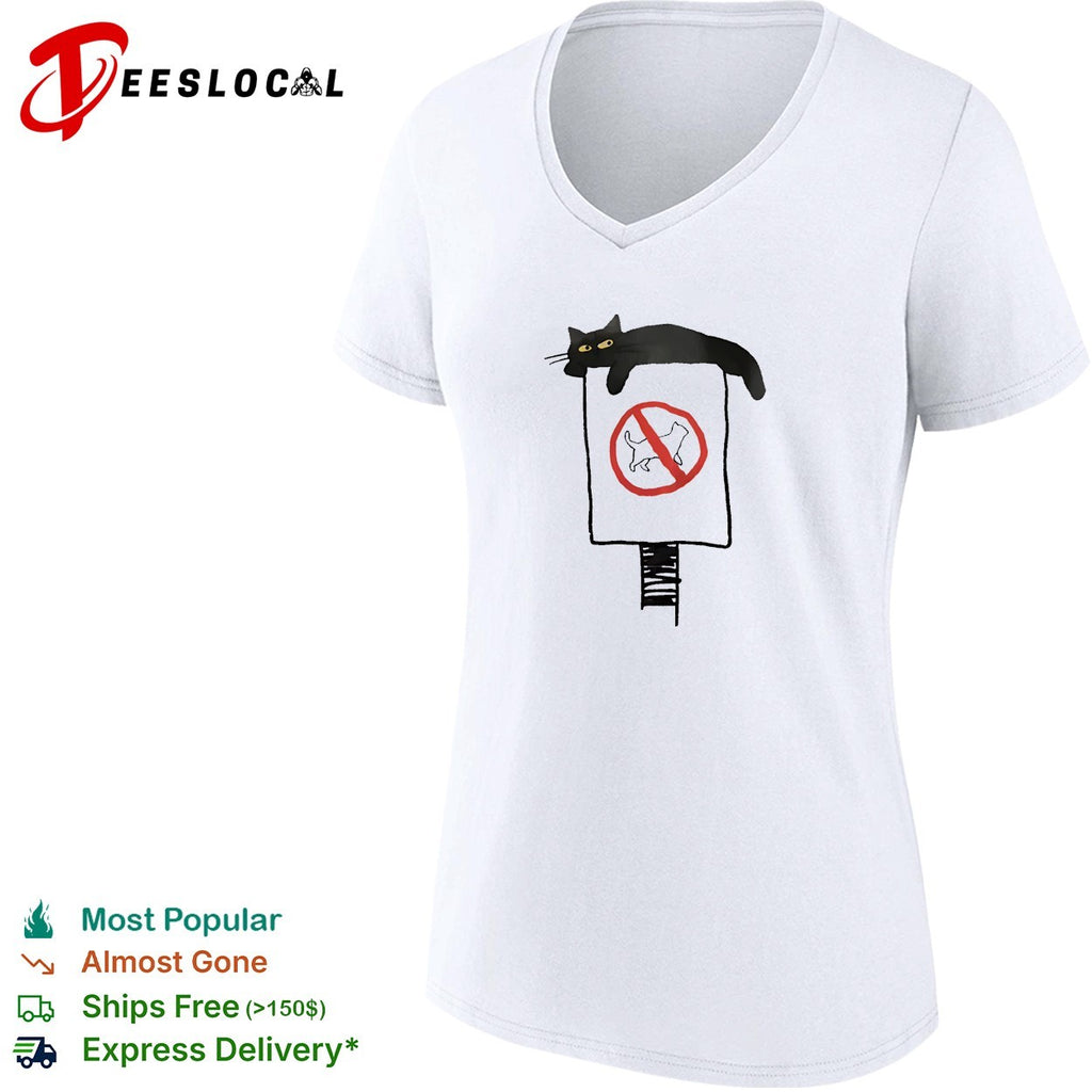 Black cat lounging on no cats allowed sign humor shirt