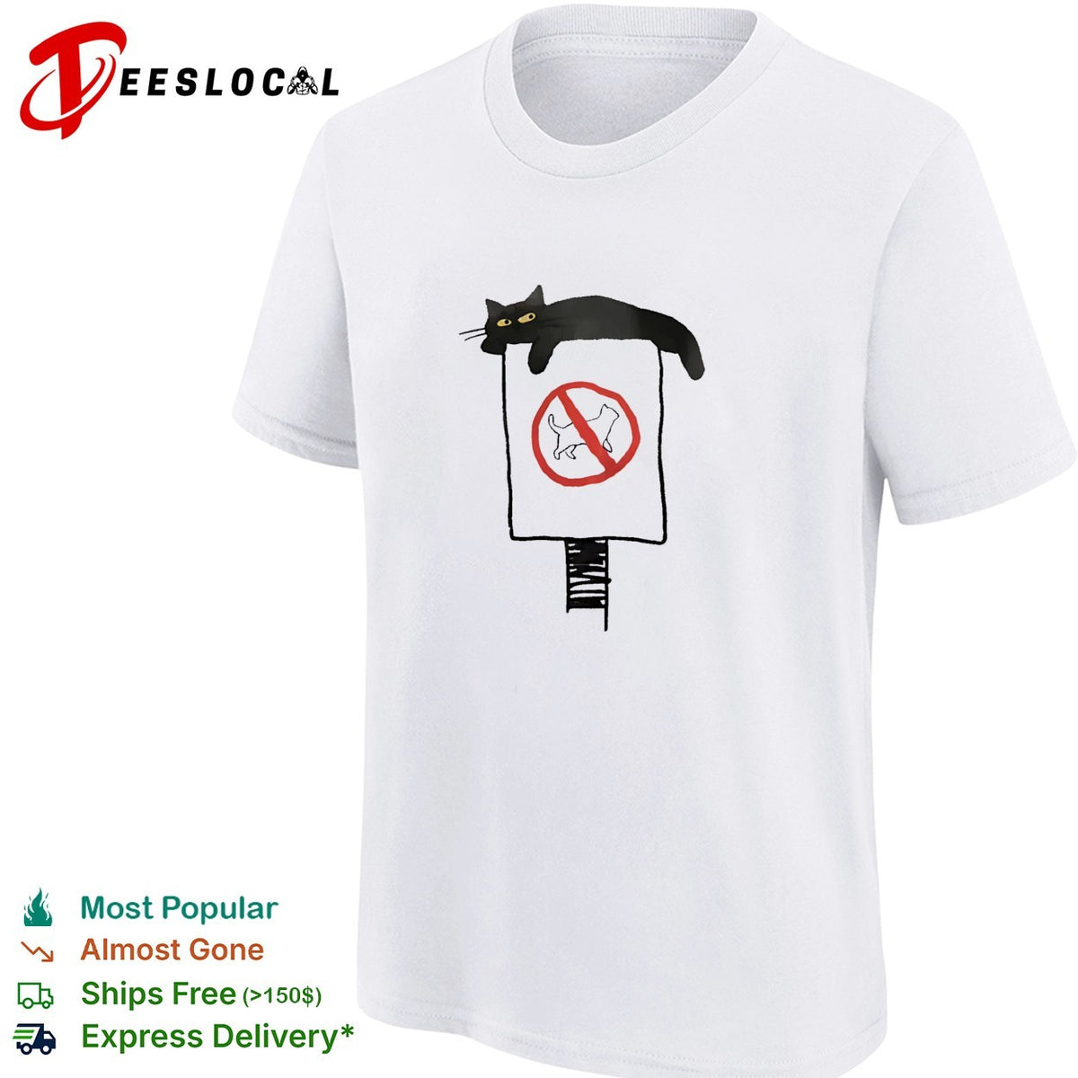Black cat lounging on no cats allowed sign humor shirt