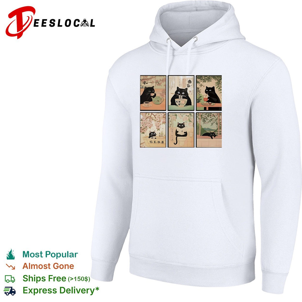 Black cats Japanese ukiyo-e art style six panel collage shirt