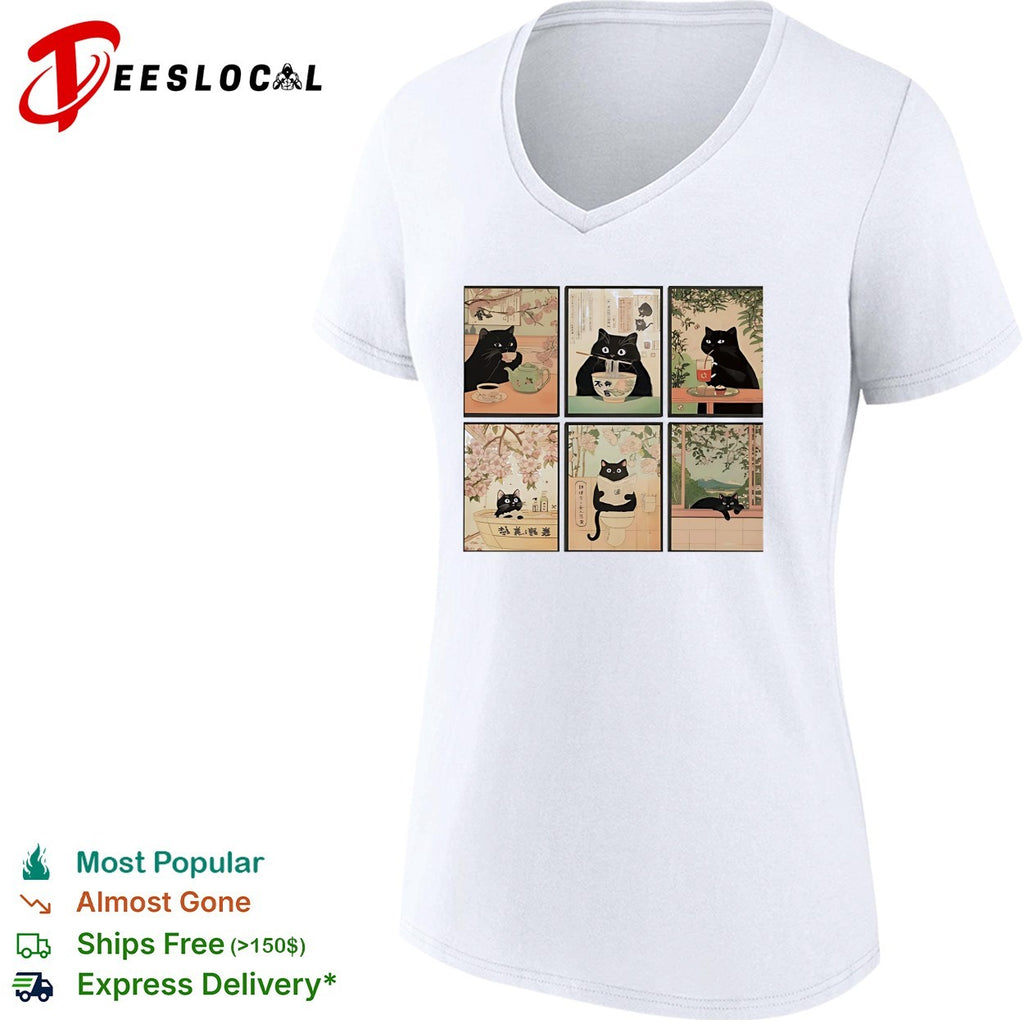 Black cats Japanese ukiyo-e art style six panel collage shirt