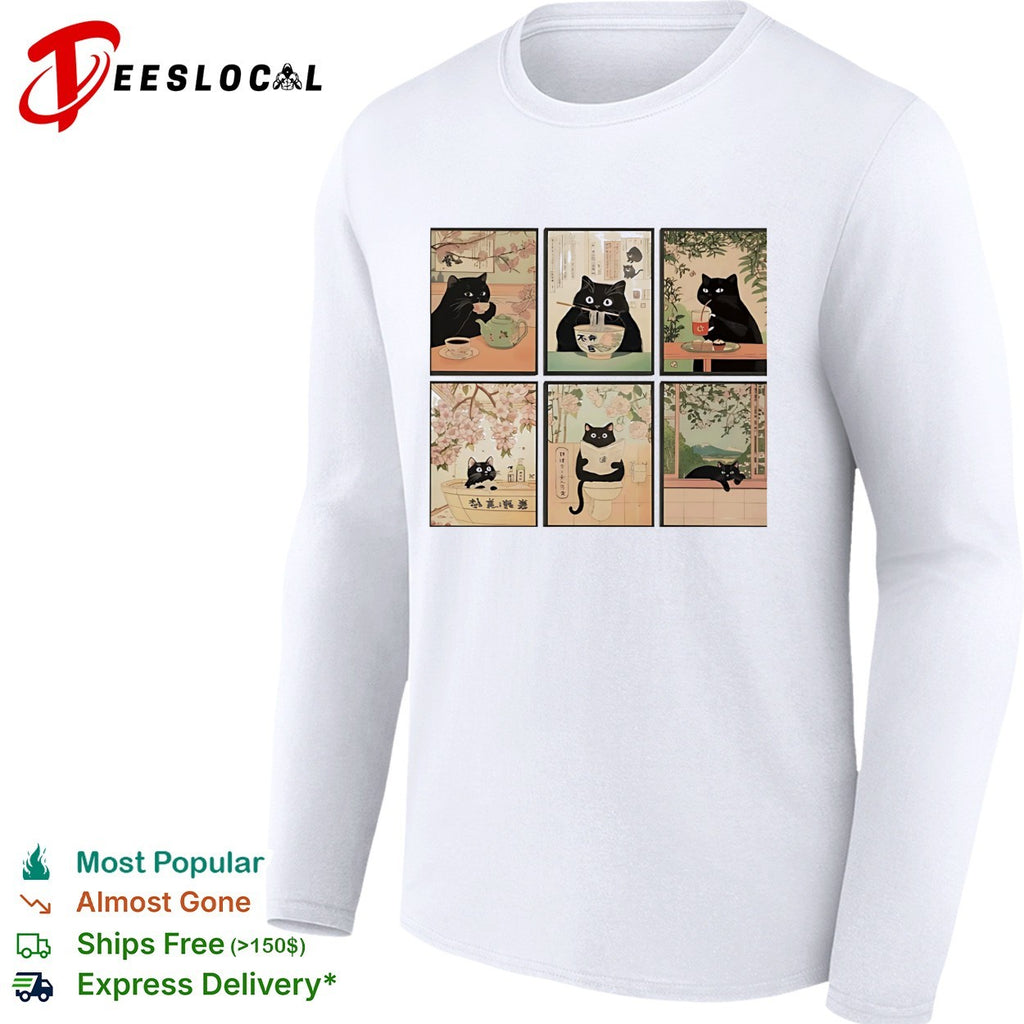 Black cats Japanese ukiyo-e art style six panel collage shirt