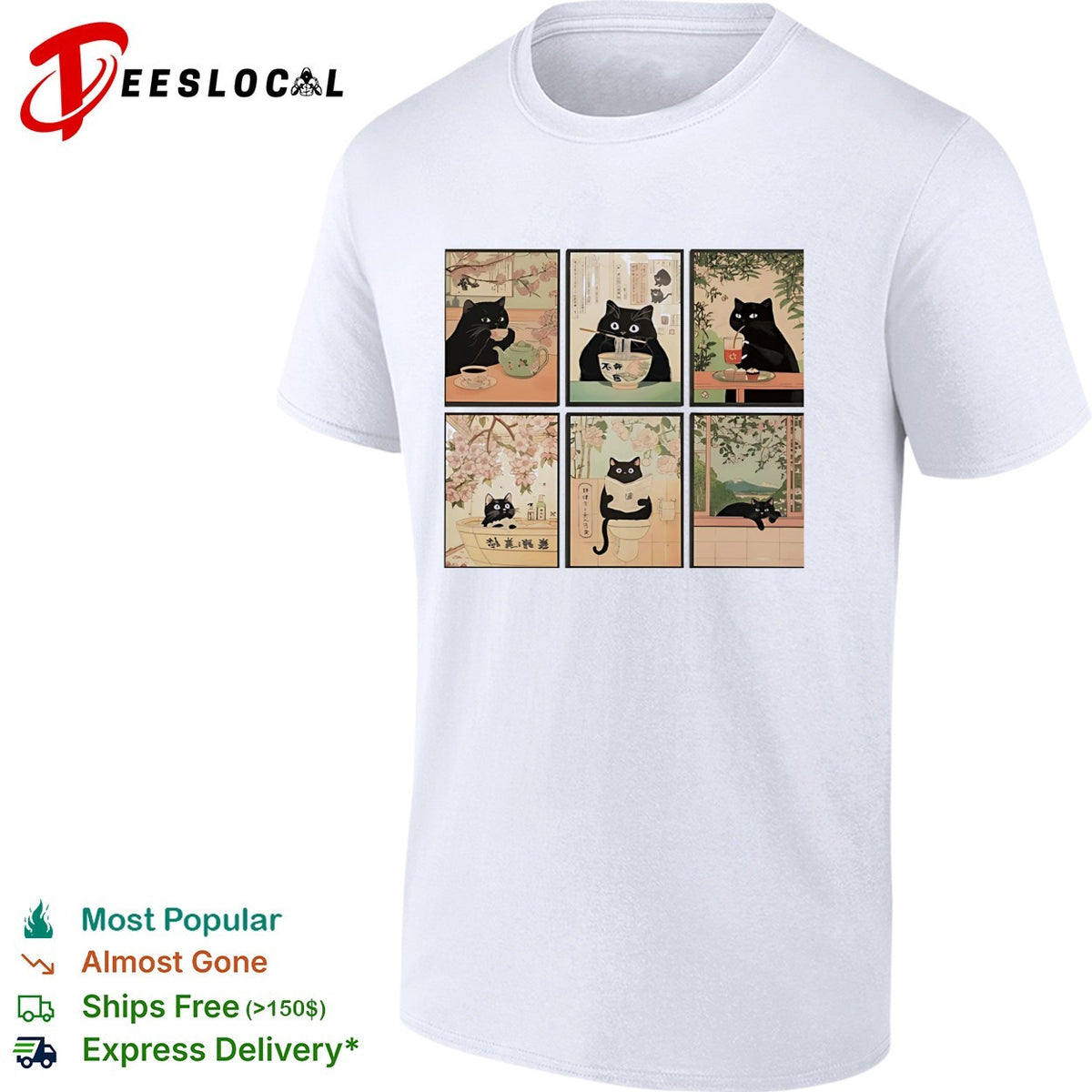 Black cats Japanese ukiyo-e art style six panel collage shirt