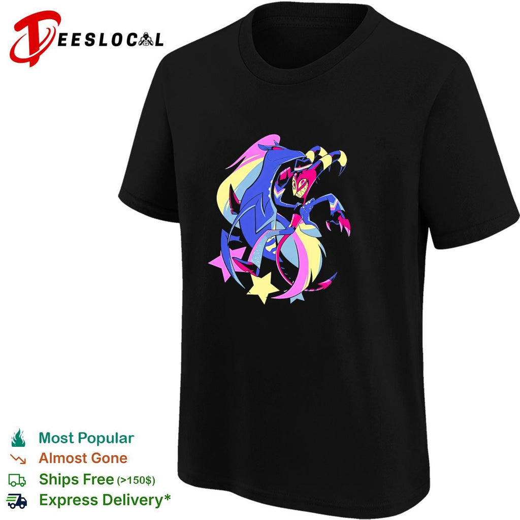 Blitz and Stolas Helluva Boss neon aesthetic stars vibrant fan art shirt