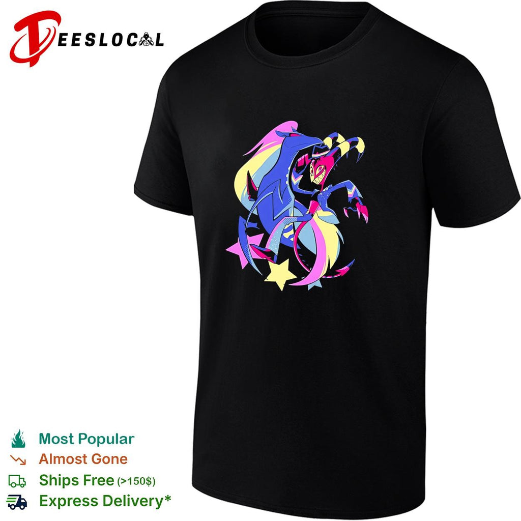 Blitz and Stolas Helluva Boss neon aesthetic stars vibrant fan art shirt