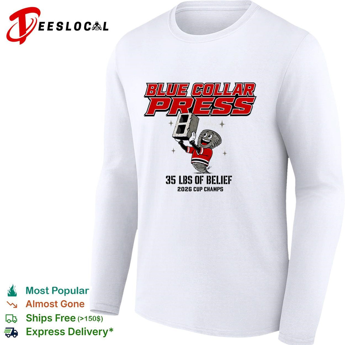 Blue collar press 35 lbs of belief 2026 cup champs cinder block mascot shirt
