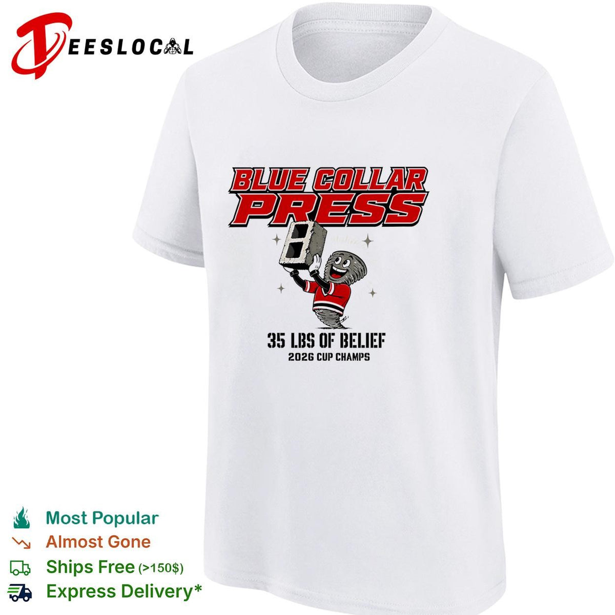 Blue collar press 35 lbs of belief 2026 cup champs cinder block mascot shirt