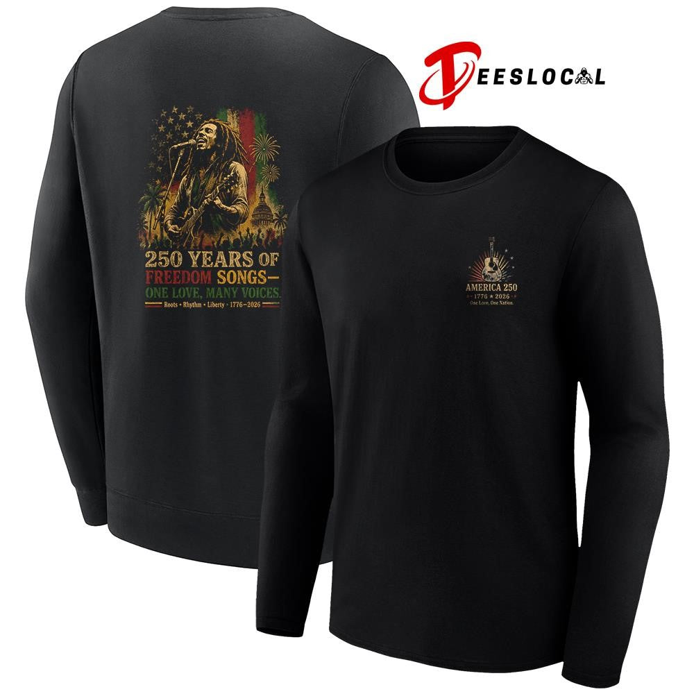 Bob Marley 250 years of freedom songs one love many voices graphic shirt