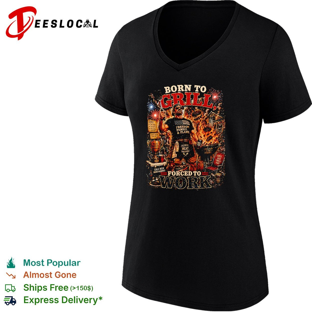 Born to grill forced to work BBQ fire patriotic art shirt