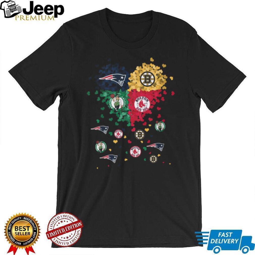 Boston Sports Fan Four Team Heart Logo T Shirt Pats, Sox, Celtics, Bruins