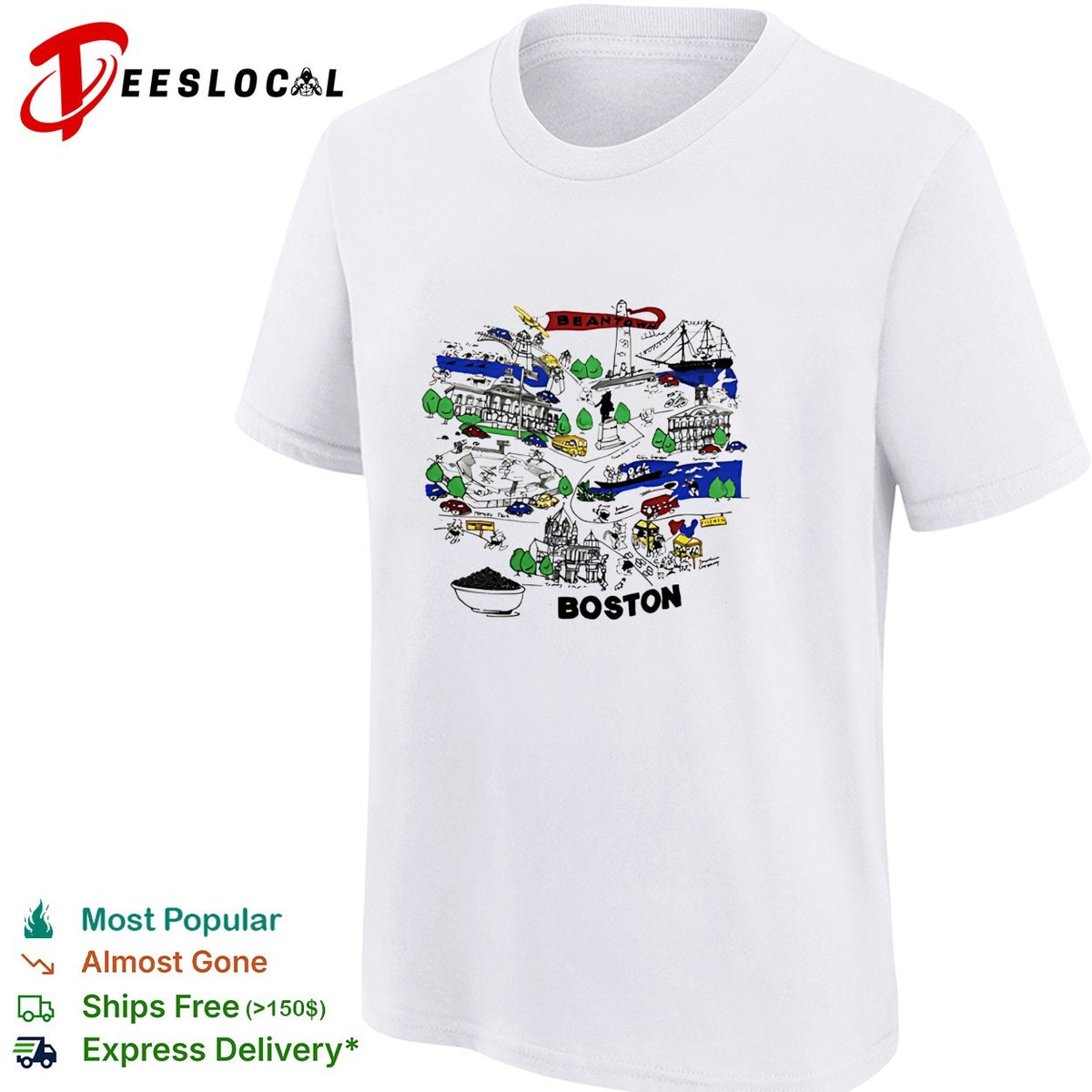 Boston city skyline collage landmarks vintage shirt