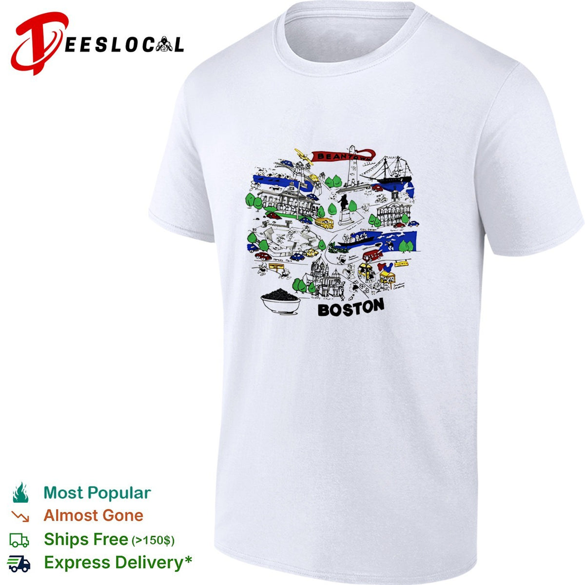 Boston city skyline collage landmarks vintage shirt