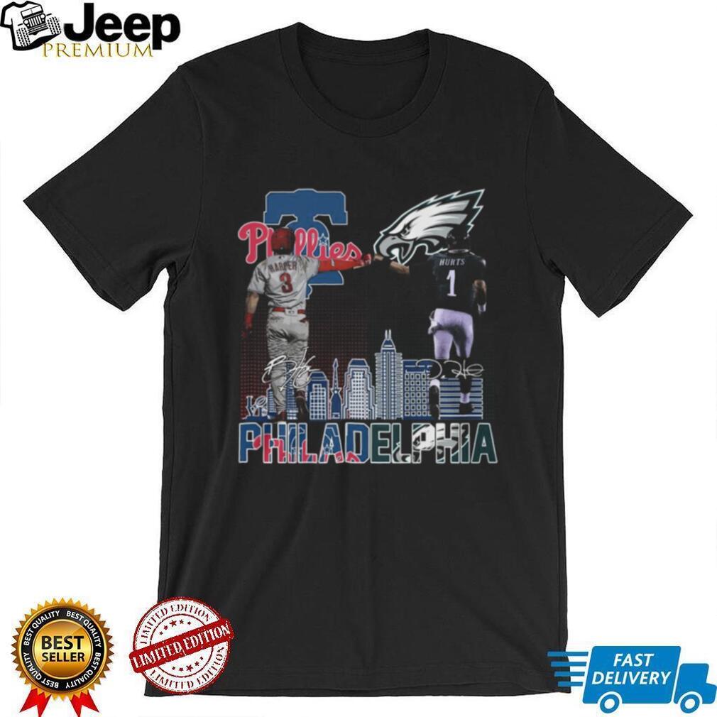 Bryce Harper & Jalen Hurts Philadelphia Skyline Fist Bump T Shirt
