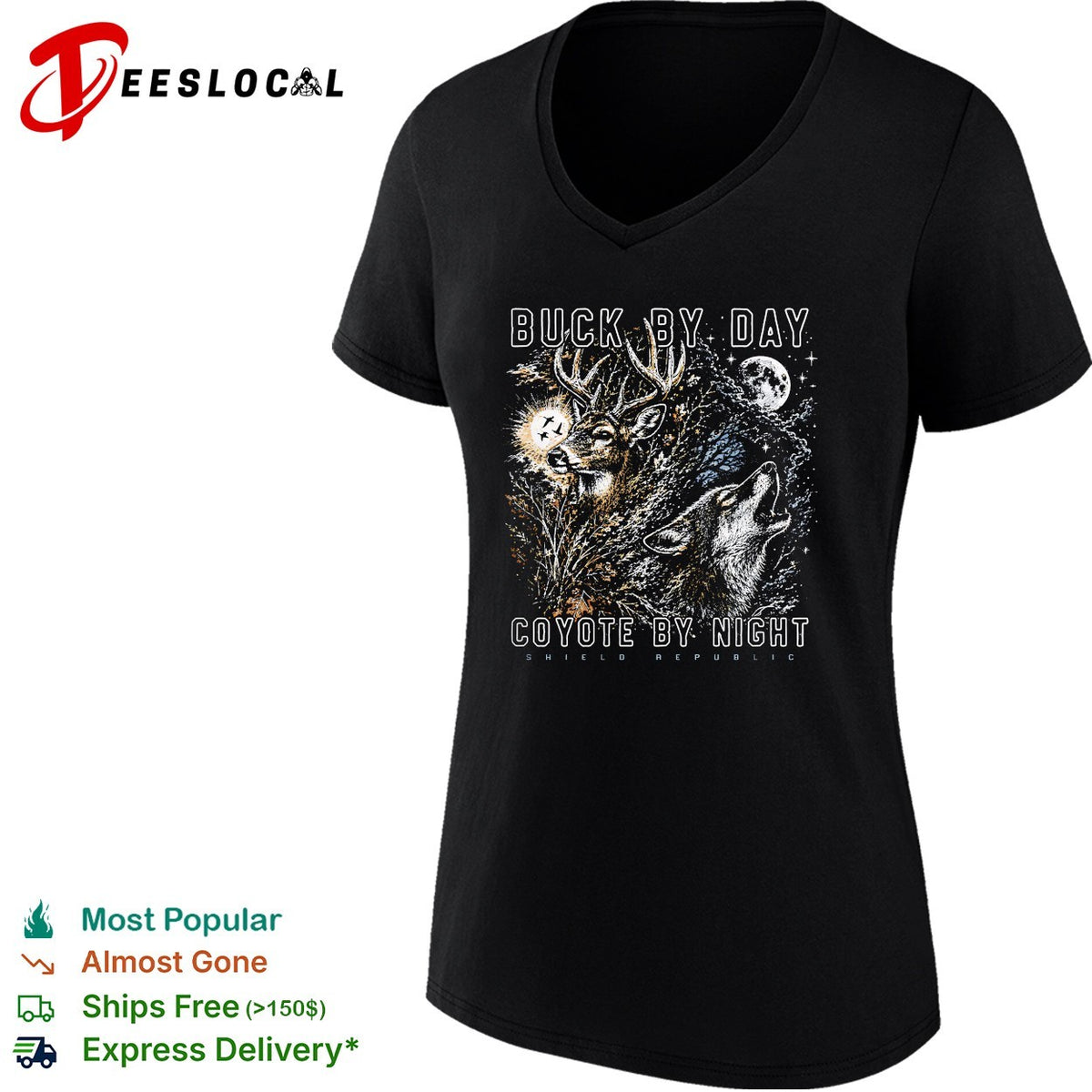 Buck by day coyote by night wildlife moon scene shirt