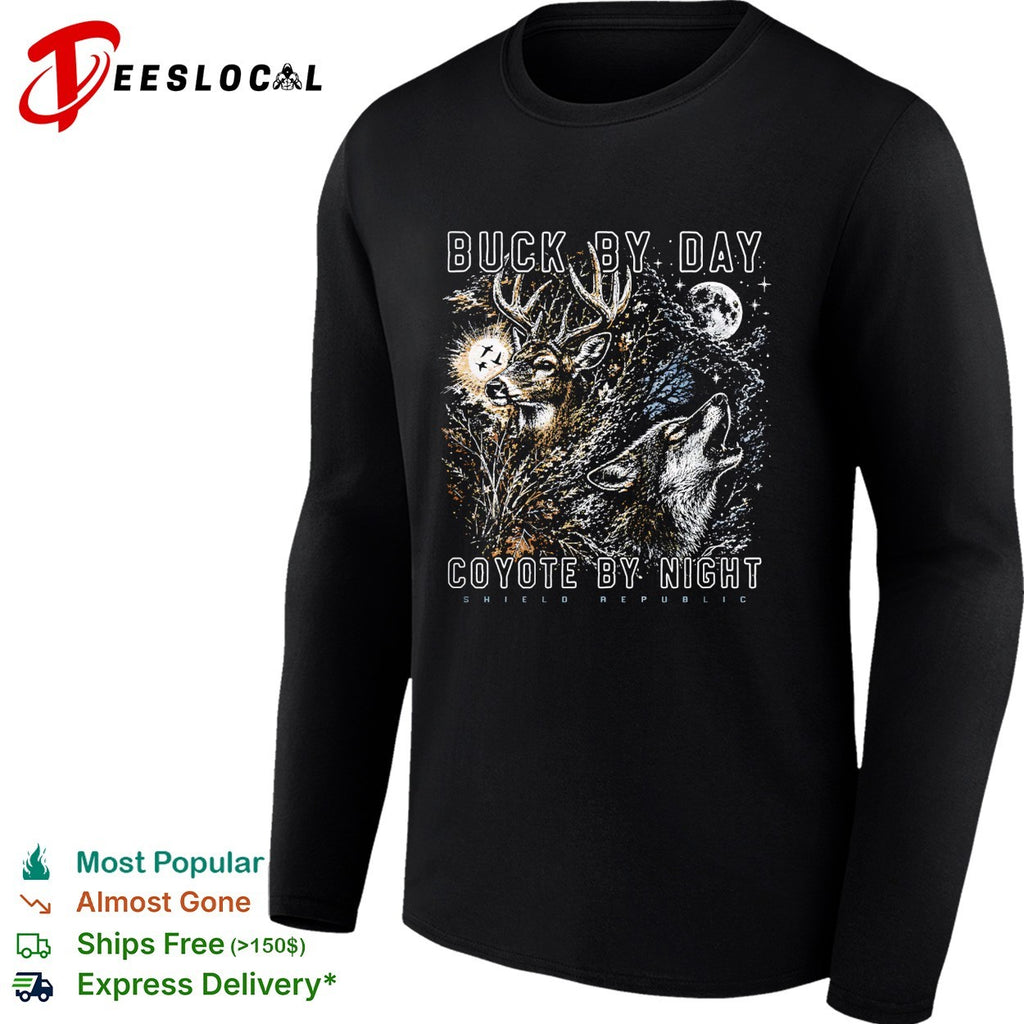 Buck by day coyote by night wildlife moon scene shirt