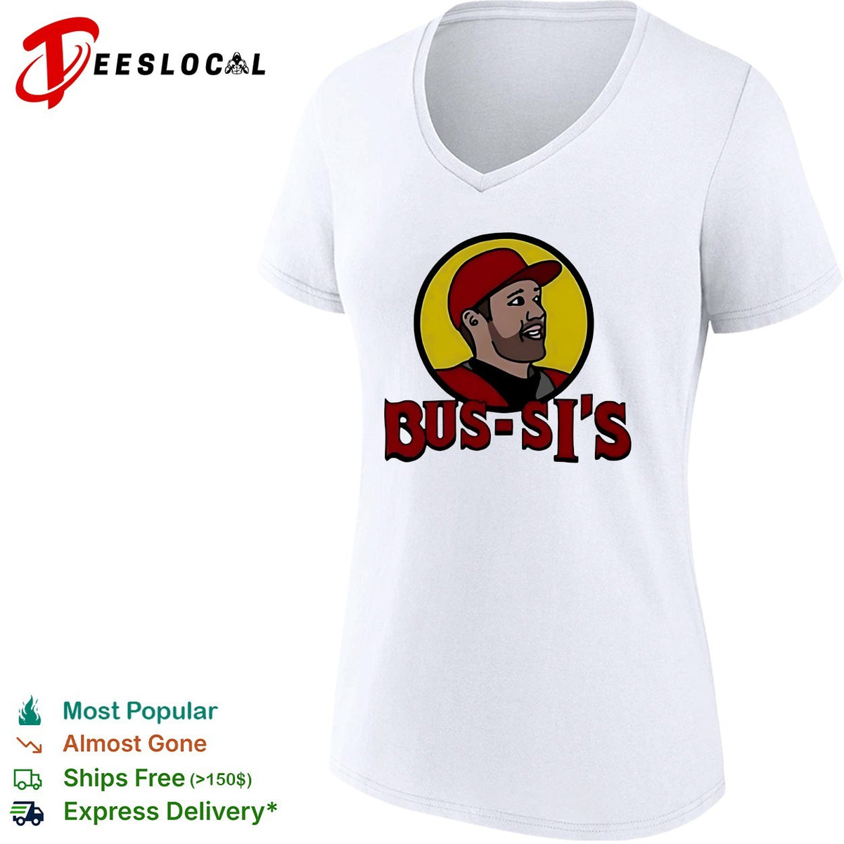 Bus-Si’s baseball player cartoon food chain parody logo white shirt