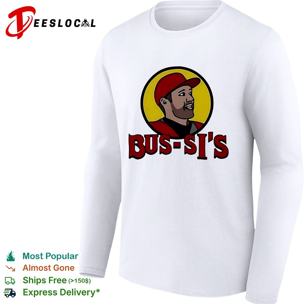 Bus-Si’s baseball player cartoon food chain parody logo white shirt