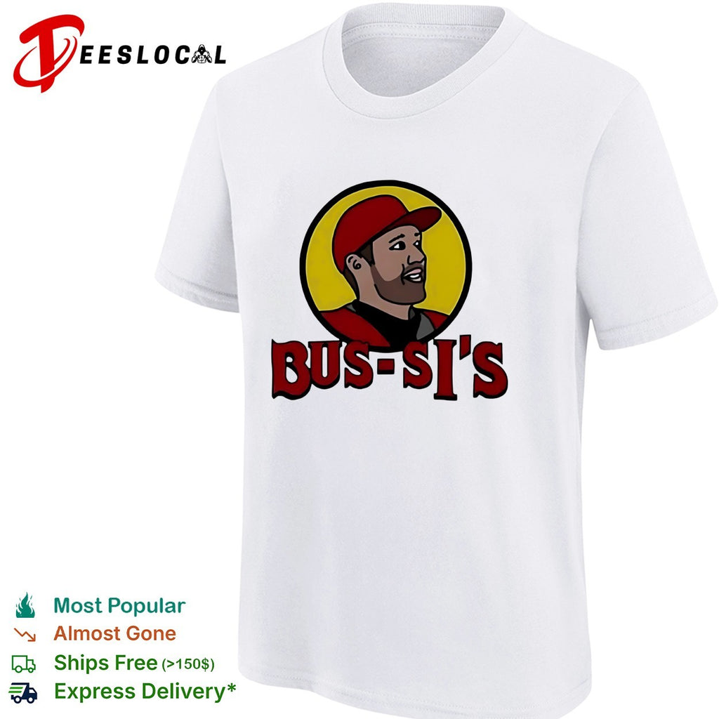 Bus-Si’s baseball player cartoon food chain parody logo white shirt