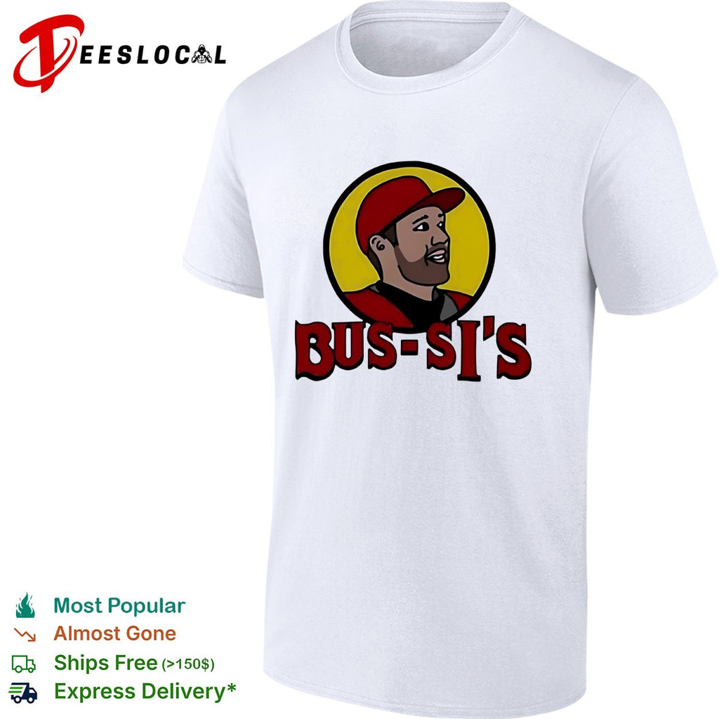 Bus-Si’s baseball player cartoon food chain parody logo white shirt