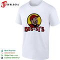 Bus-Si’s baseball player cartoon food chain parody logo white shirt