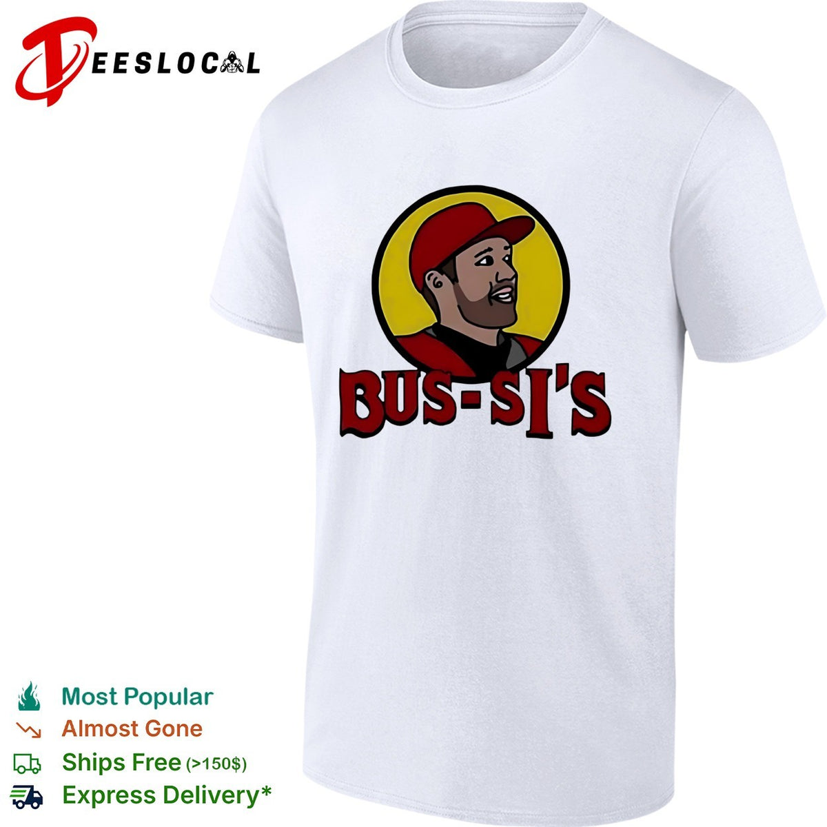 Bus-Si’s baseball player cartoon food chain parody logo white shirt