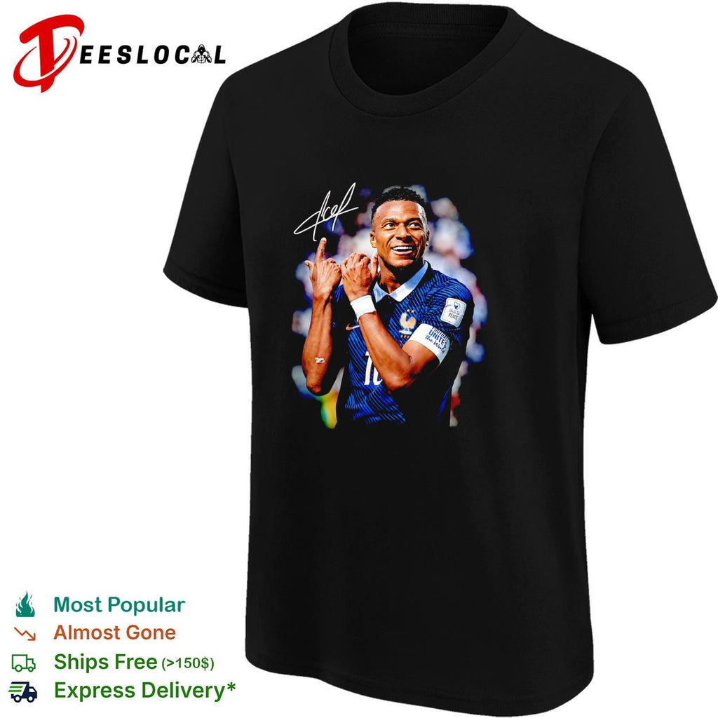 Kylian Mbappe France number 10 hand gesture celebration signature poster shirt