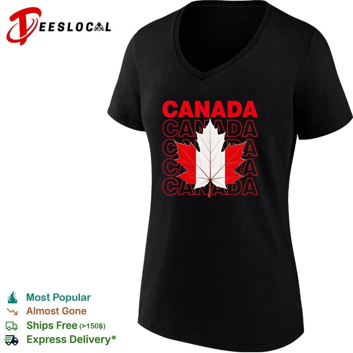 Canada maple leaf bold repeated stacked text shirt