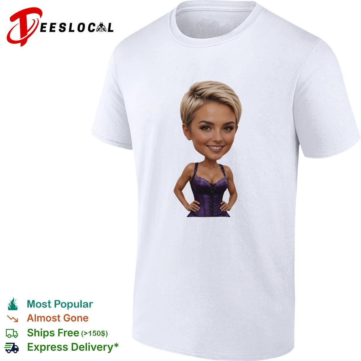 Caricature Blonde Short Hair Purple Corset Body Shape Bobblehead shirt