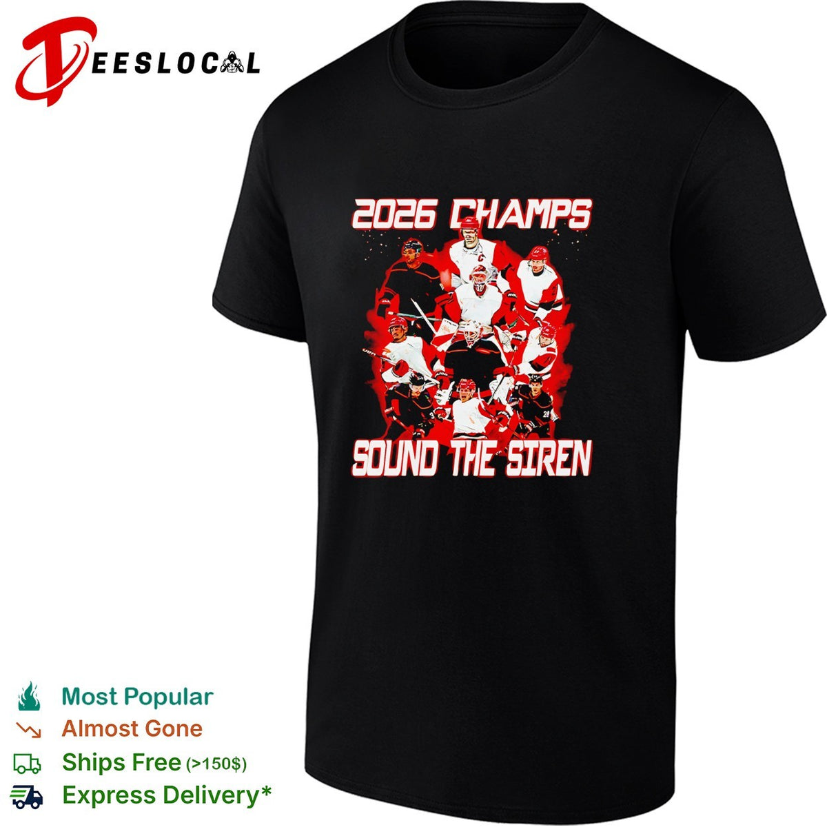 Carolina Hurricanes 2026 Champs Sound the Siren team action photo celebration shirt