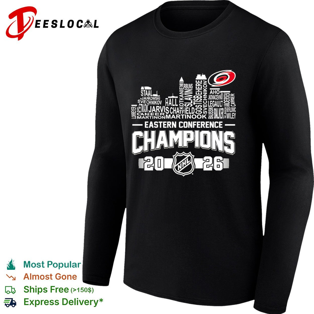 Carolina Hurricanes 2026 Eastern Conference Champions city skyline names shirt