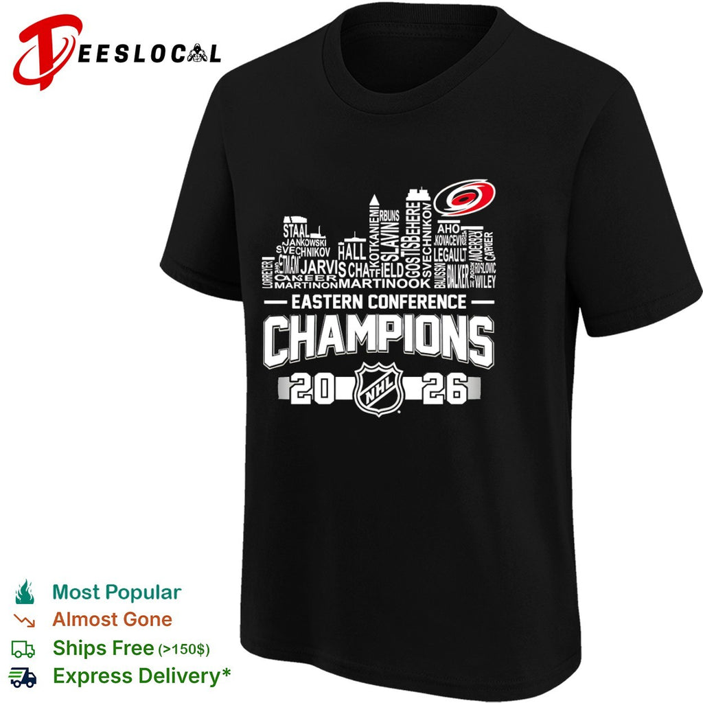 Carolina Hurricanes 2026 Eastern Conference Champions city skyline names shirt