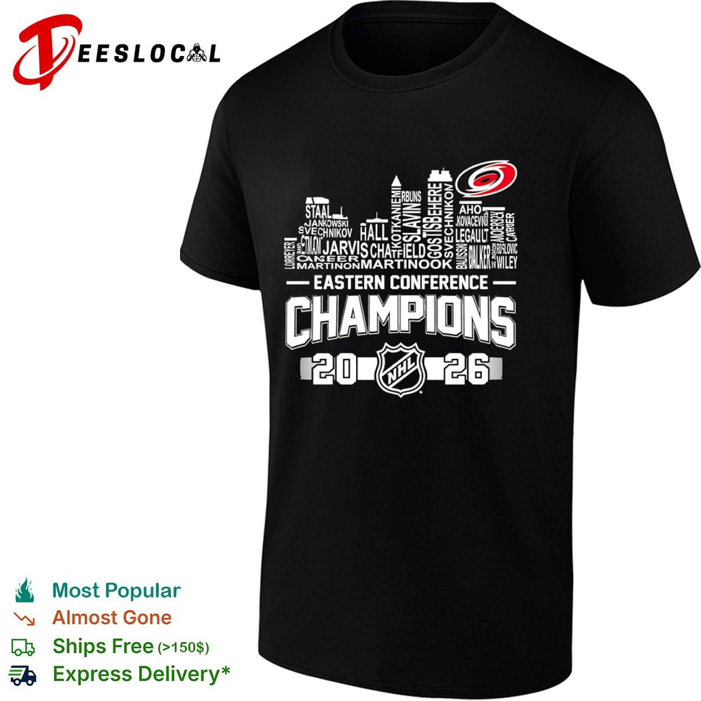 Carolina Hurricanes 2026 Eastern Conference Champions city skyline names shirt
