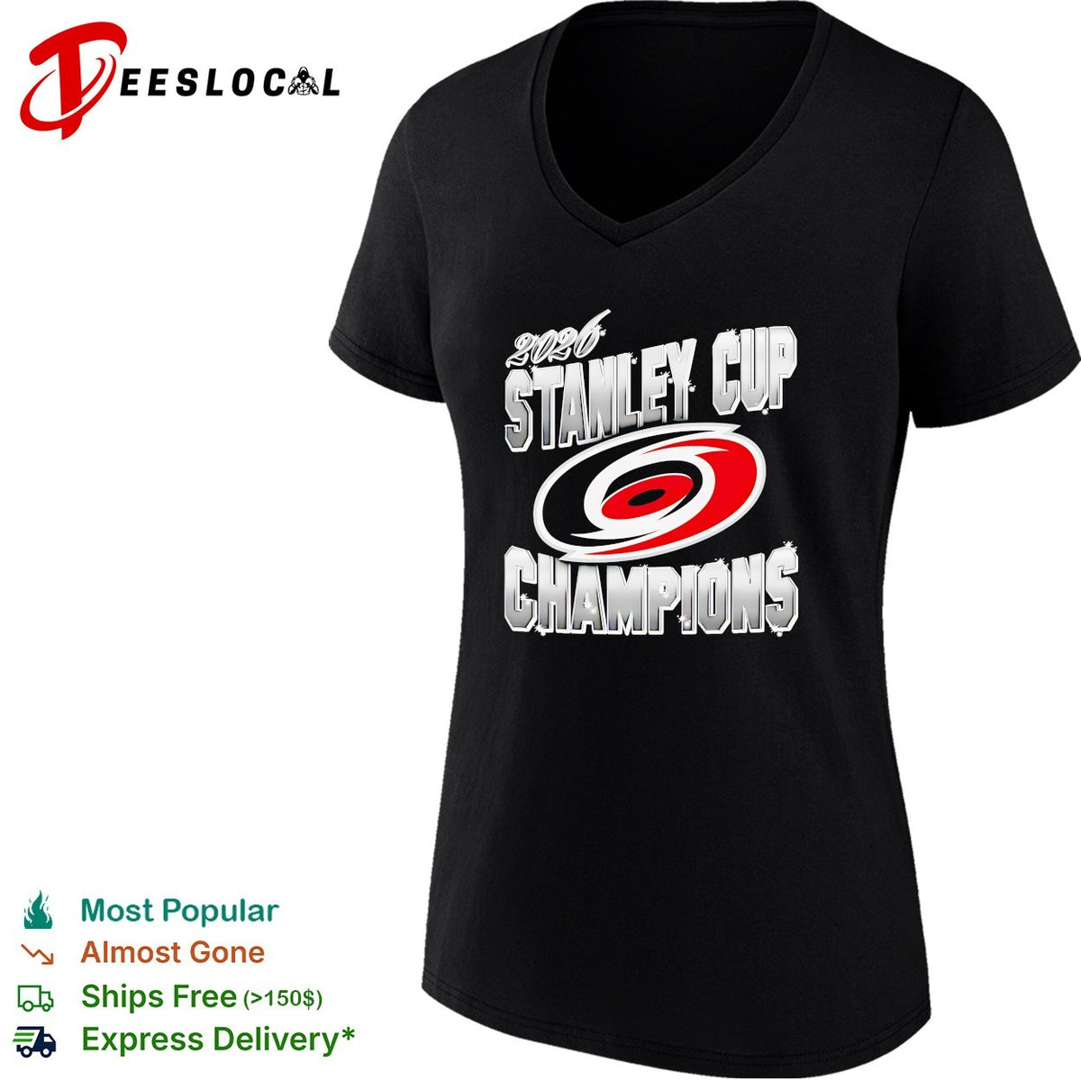 Carolina Hurricanes 2026 Stanley Cup Champions metallic chrome bold text shirt