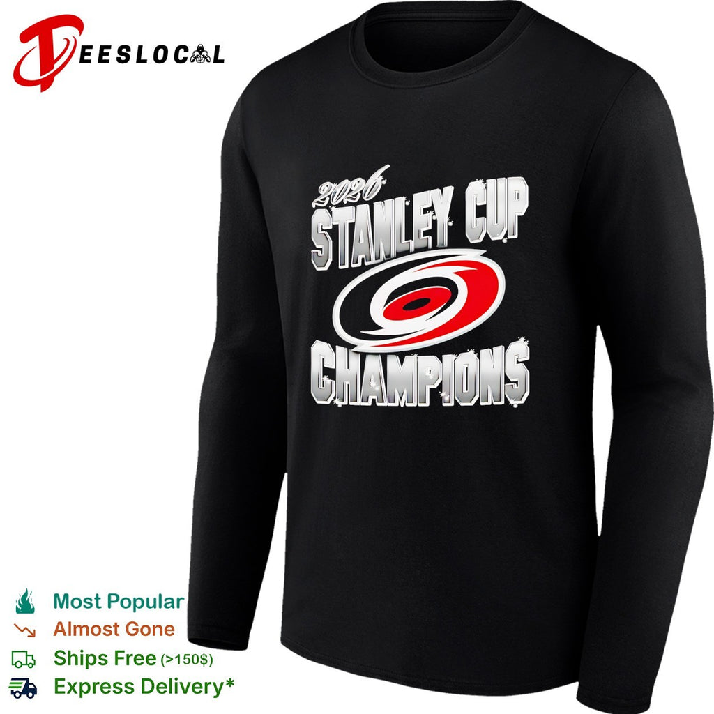 Carolina Hurricanes 2026 Stanley Cup Champions metallic chrome bold text shirt