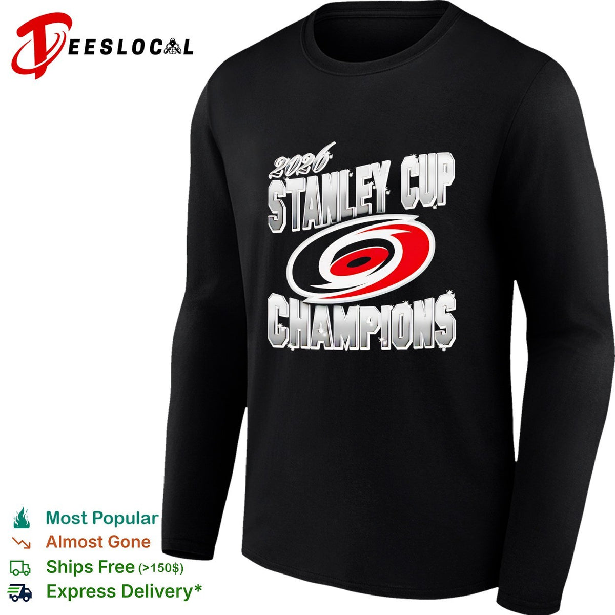 Carolina Hurricanes 2026 Stanley Cup Champions metallic chrome bold text shirt