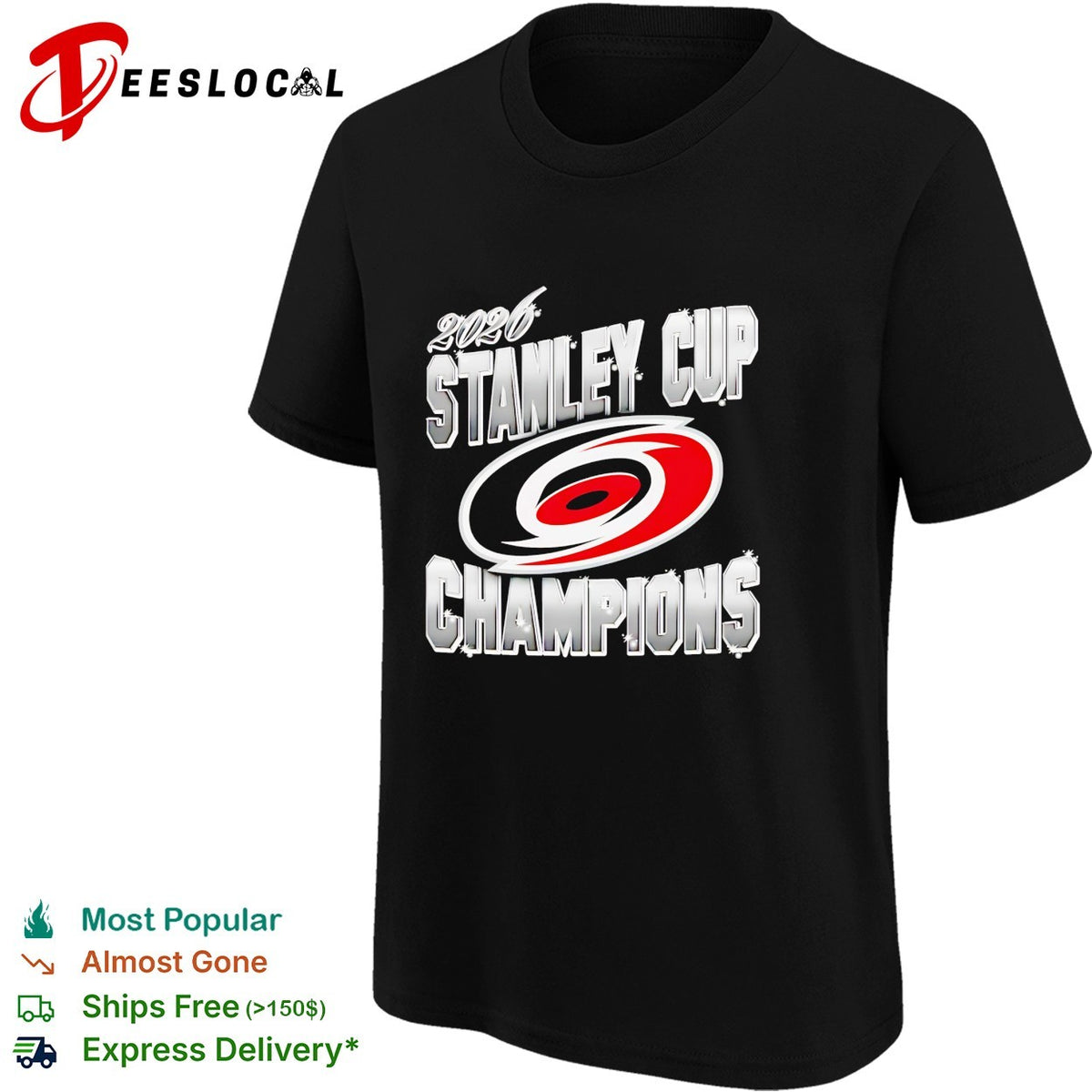 Carolina Hurricanes 2026 Stanley Cup Champions metallic chrome bold text shirt