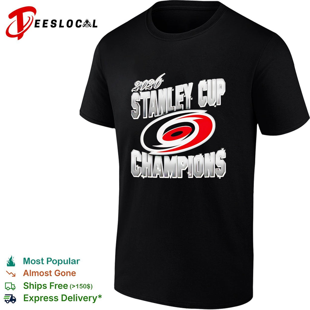 Carolina Hurricanes 2026 Stanley Cup Champions metallic chrome bold text shirt