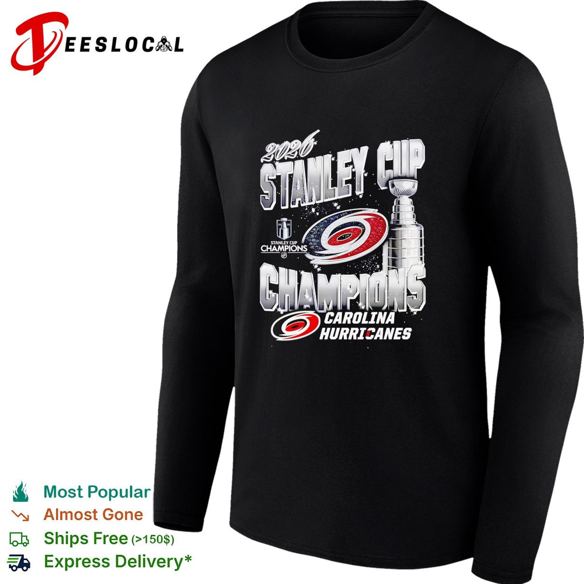 Carolina Hurricanes 2026 Stanley Cup Champions trophy bold arch text shirt