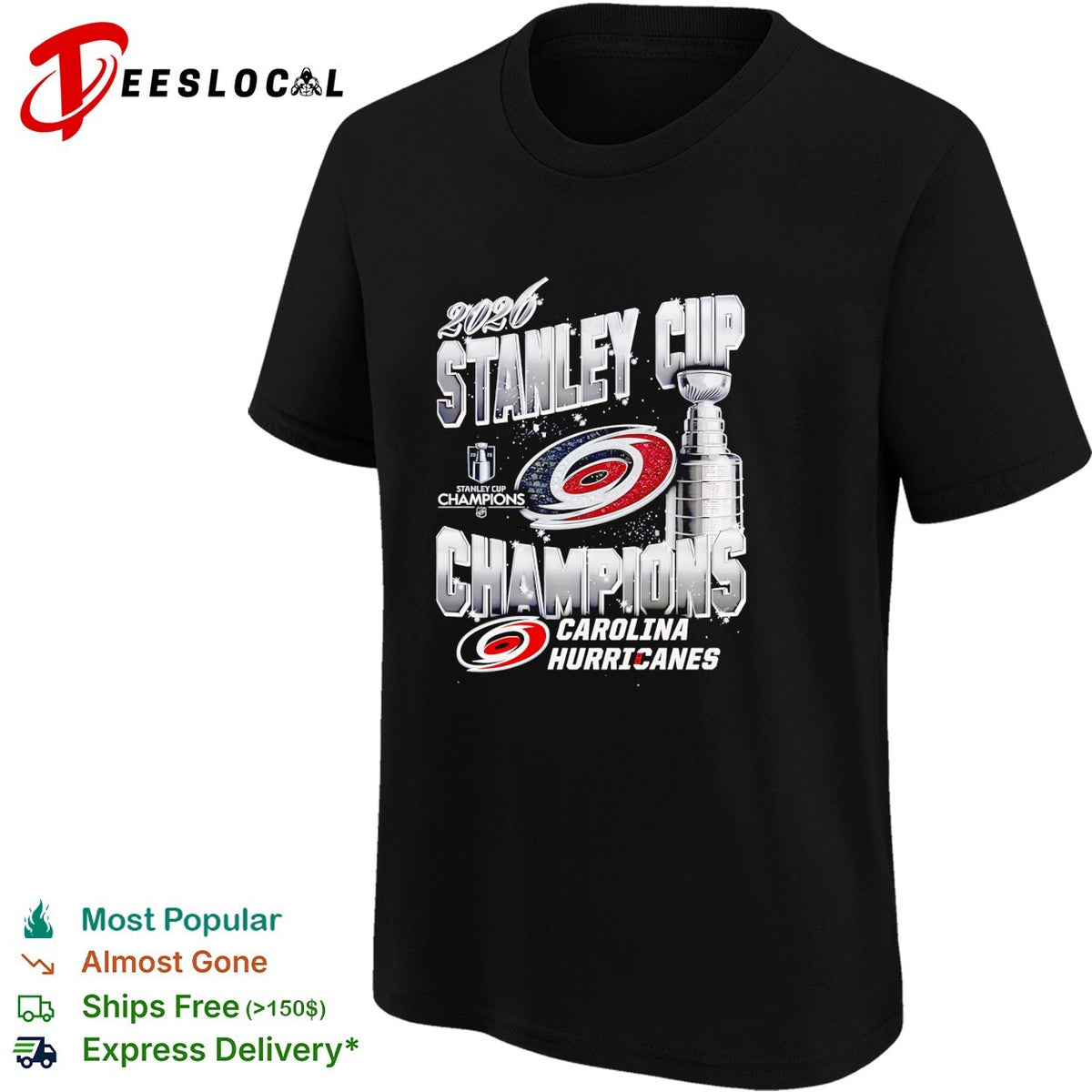 Carolina Hurricanes 2026 Stanley Cup Champions trophy bold arch text shirt