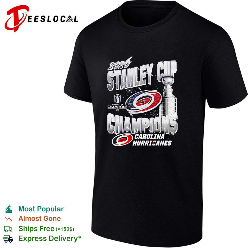 Carolina Hurricanes 2026 Stanley Cup Champions trophy bold arch text shirt