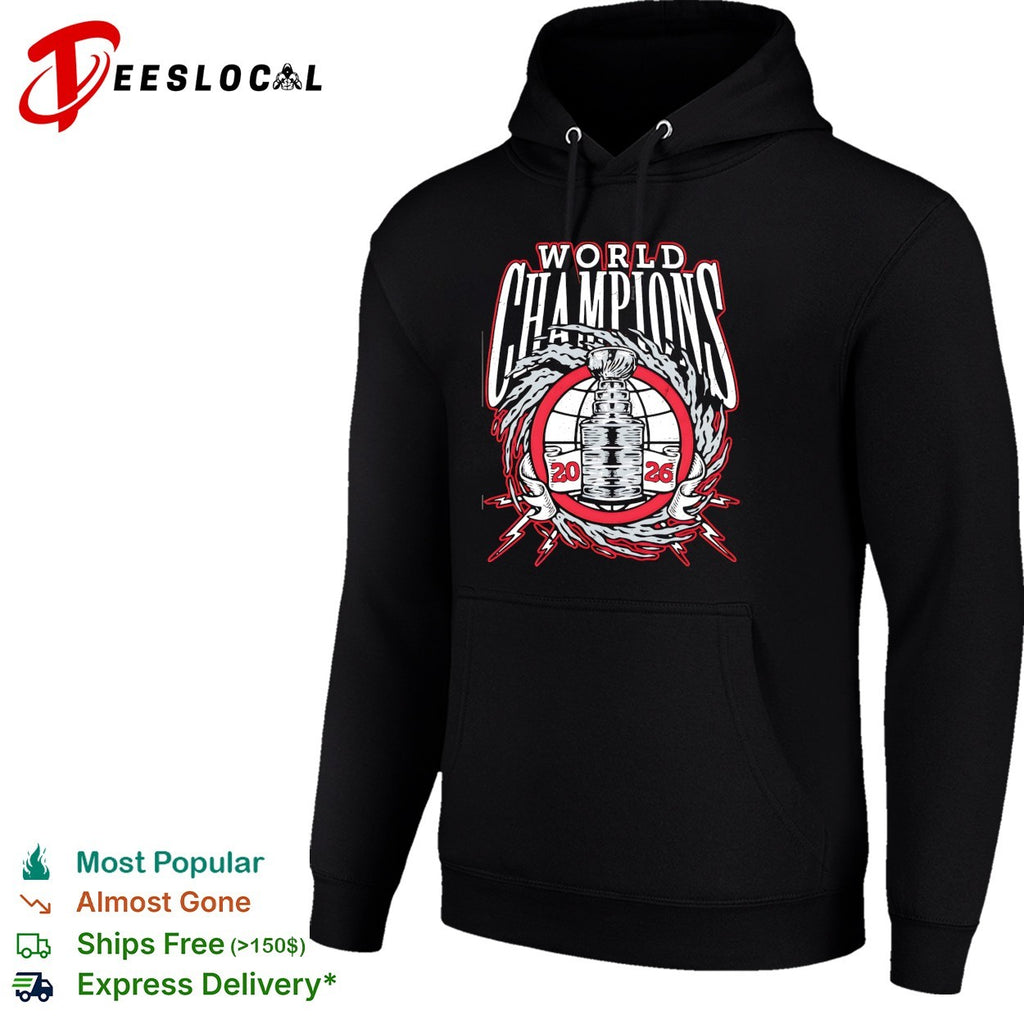 Carolina Hurricanes 2026 World Champions trophy lightning wreath bold logo art shirt