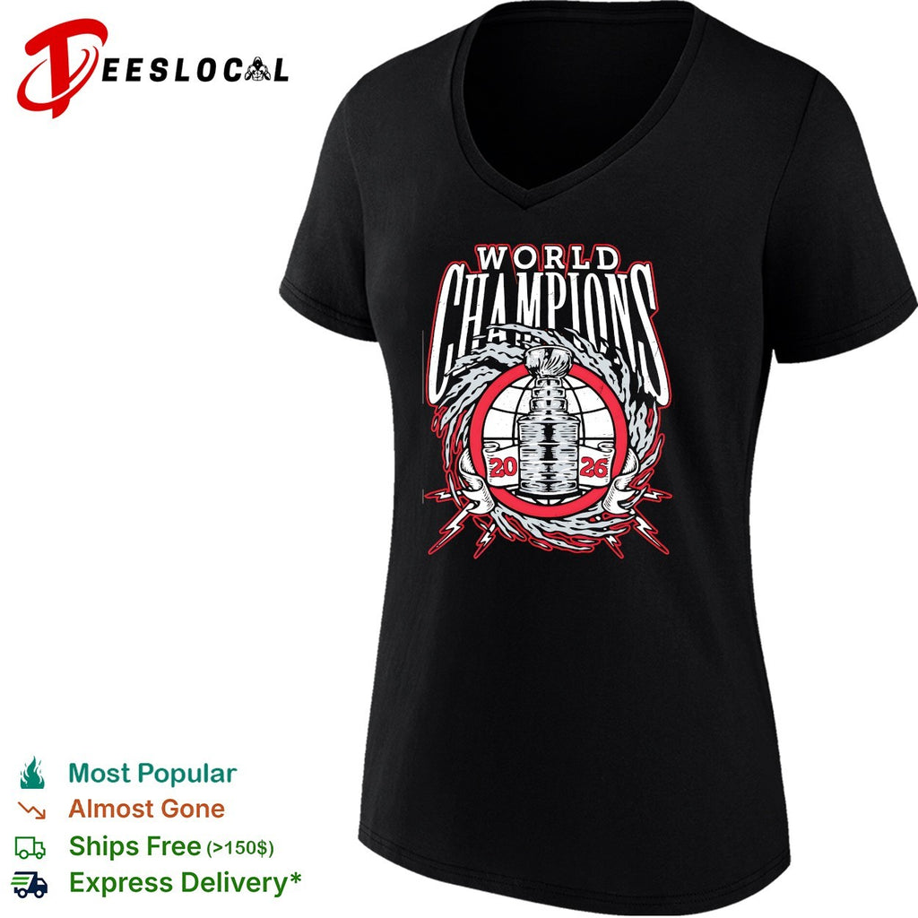Carolina Hurricanes 2026 World Champions trophy lightning wreath bold logo art shirt