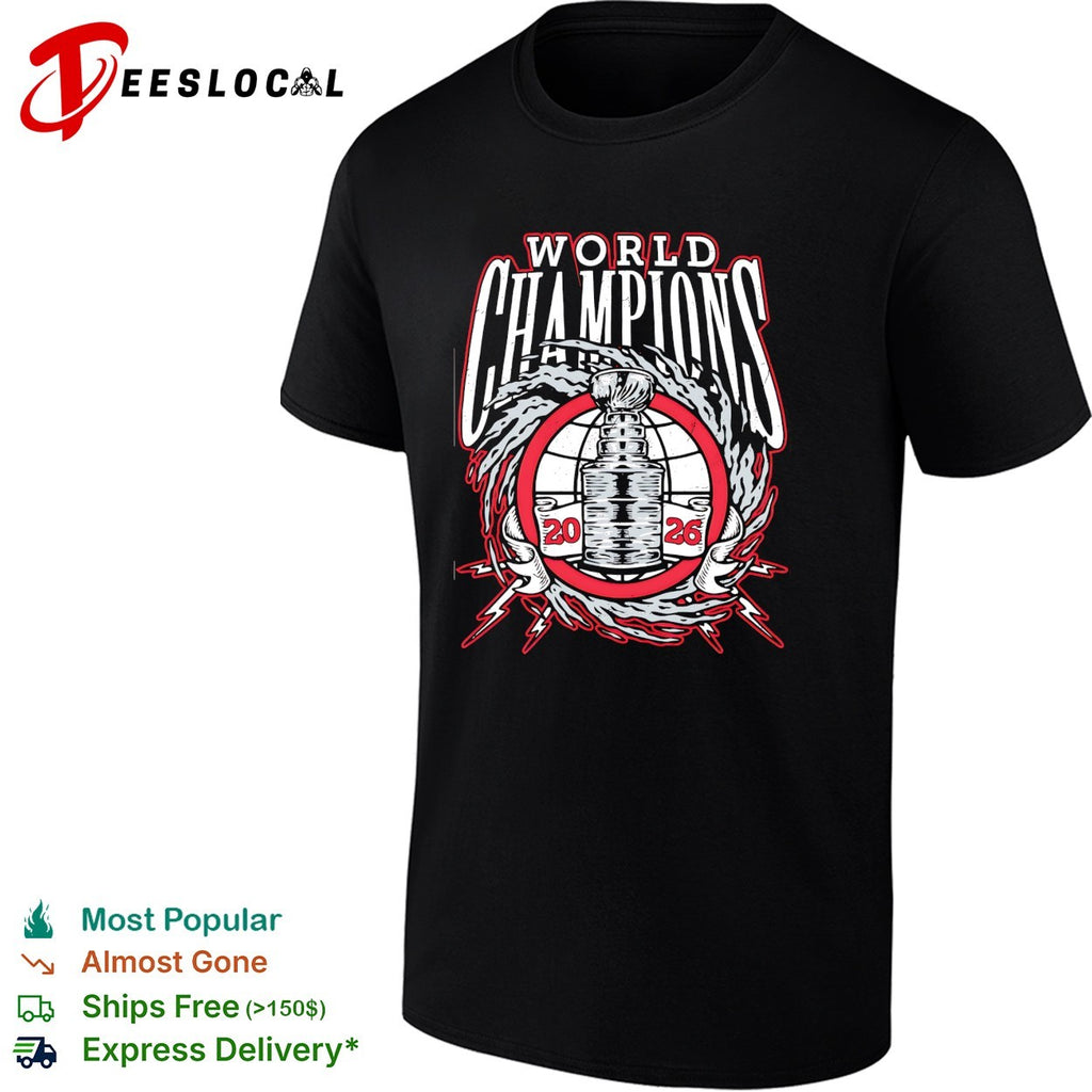Carolina Hurricanes 2026 World Champions trophy lightning wreath bold logo art shirt