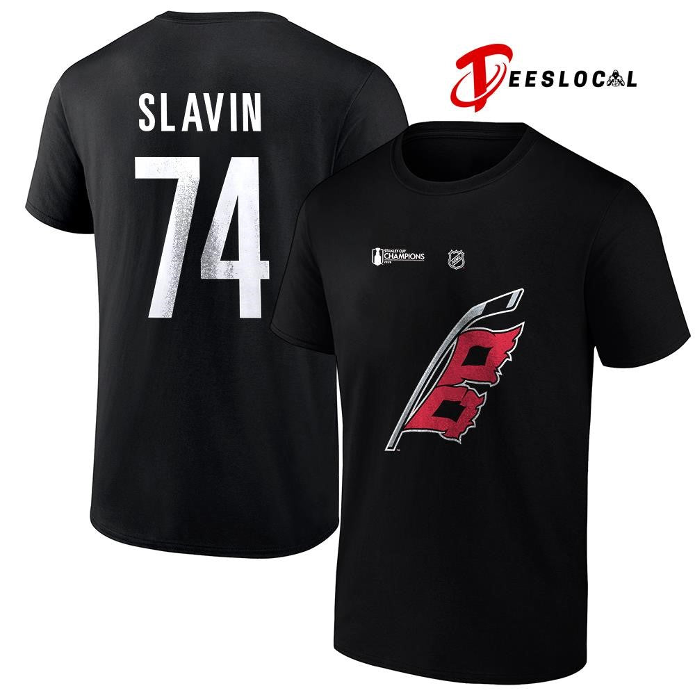 Carolina Hurricanes Stanley Cup champions Jaccob Slavin name and number logo shirt