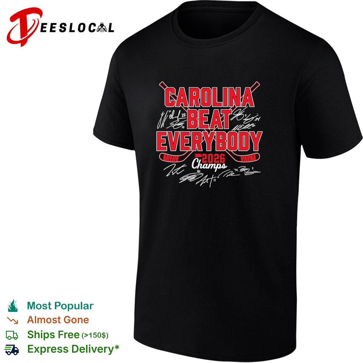 Carolina Hurricanes beat everybody 2026 Champs player signatures crossed sticks bold art shirt