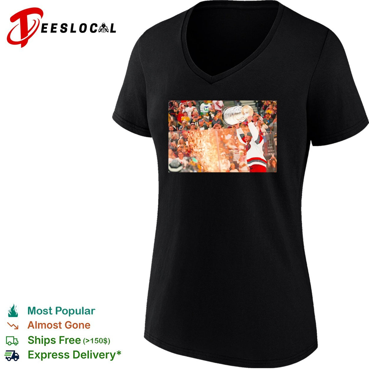 Carolina Hurricanes player hoisting Stanley Cup above head crowd fireworks triumphant moment shirt