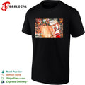 Carolina Hurricanes player hoisting Stanley Cup above head crowd fireworks triumphant moment shirt