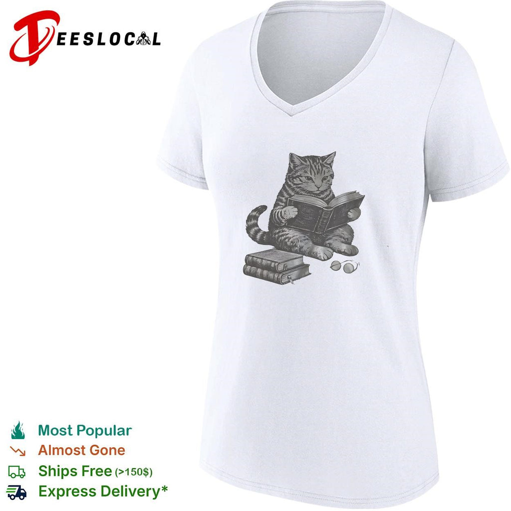 Cat reading books wearing glasses pencil sketch illustration funny graphic shirt